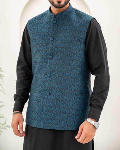 Turquoise Jamawar Waist-Coat