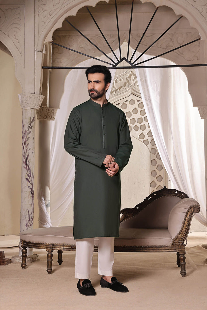 Green Self Cotton Kurta | ADKR-018 - Al-Deebaj