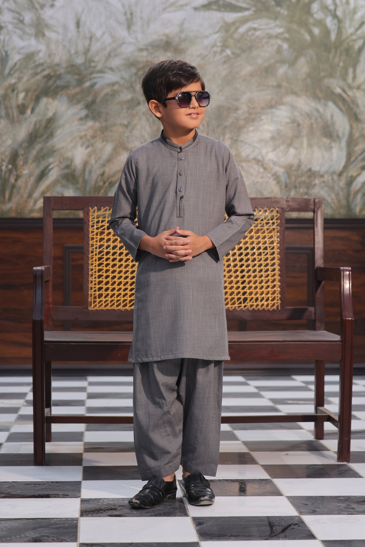 Grey Self Kids Kurta Shalwar