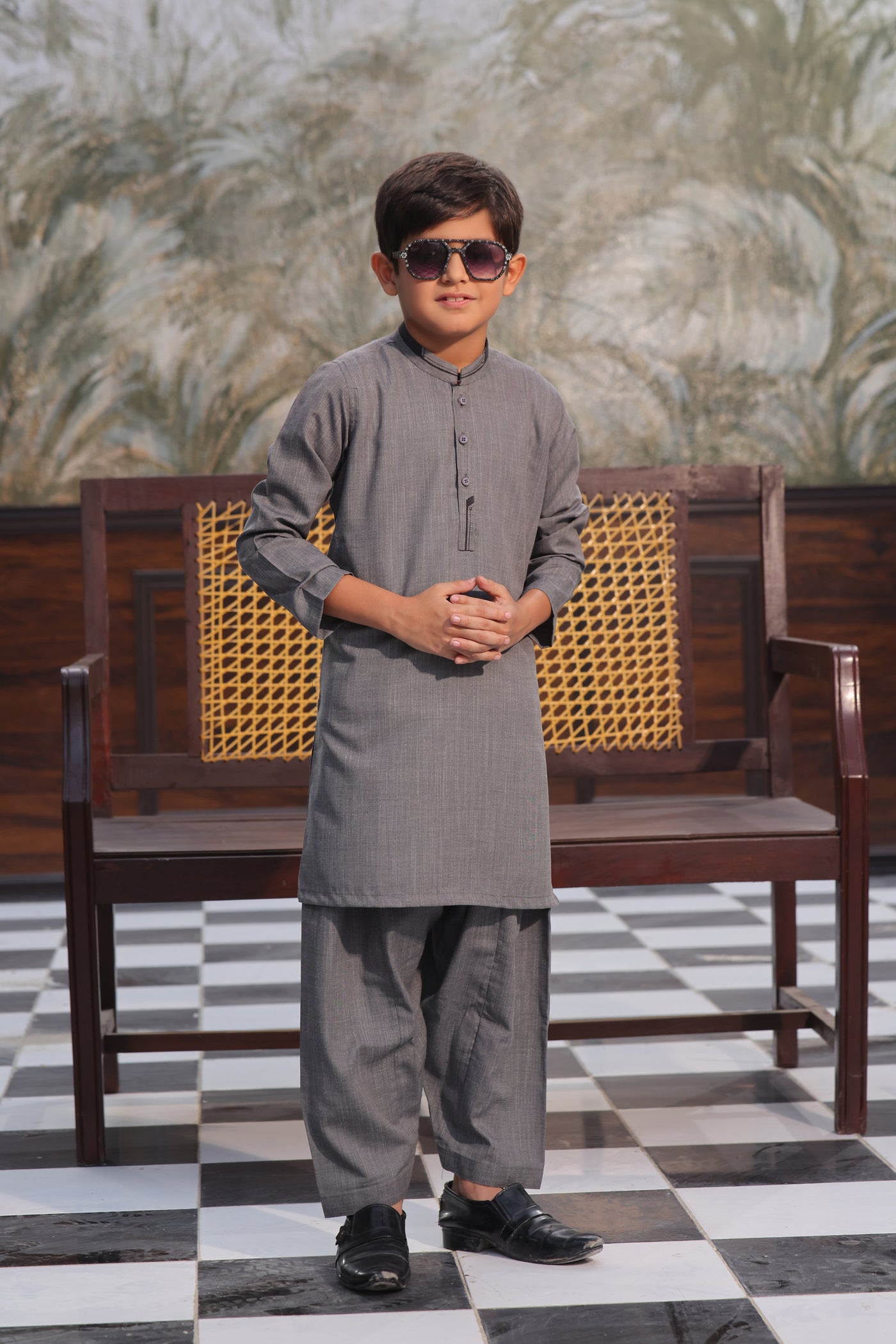 Grey Self Kids Kurta Shalwar