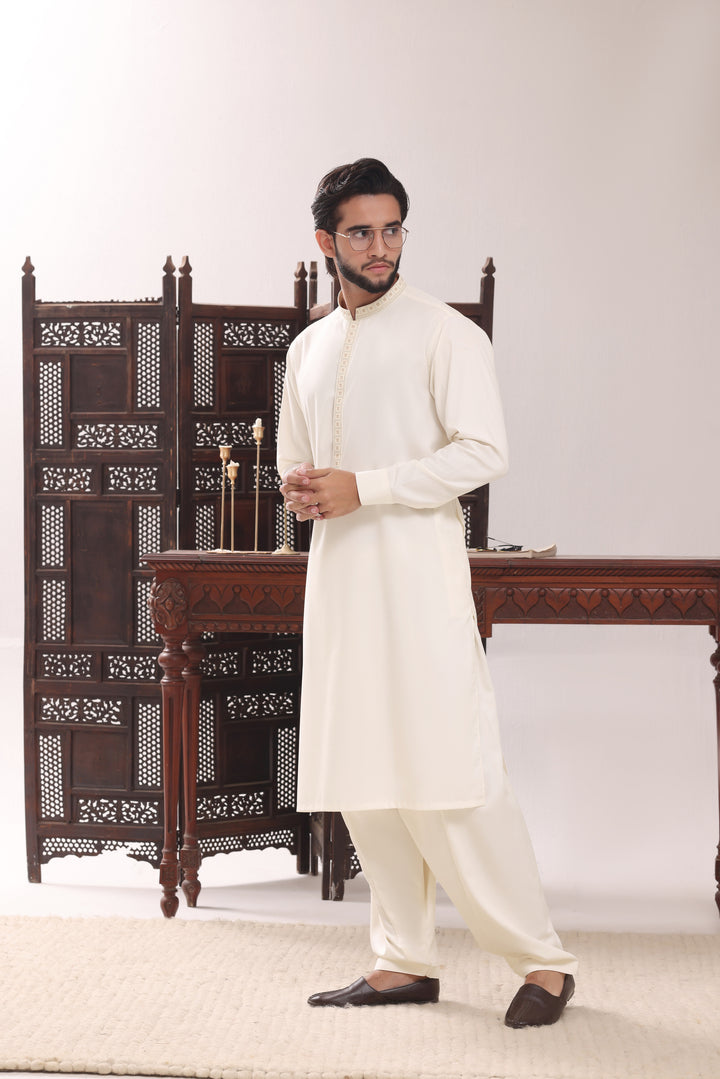 Cream Embroidery Kurta Shalwar | KS-256