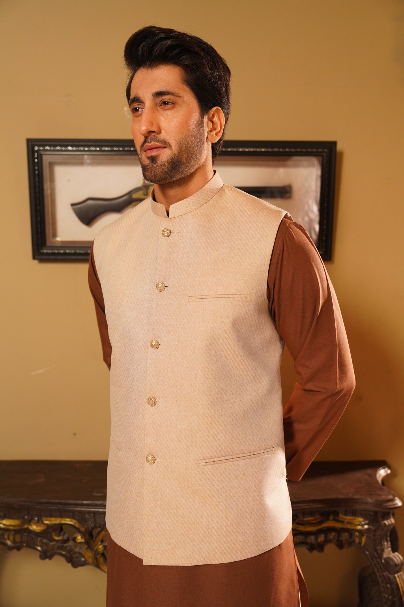 Cream Printed Waist-Coat - Al-Deebaj