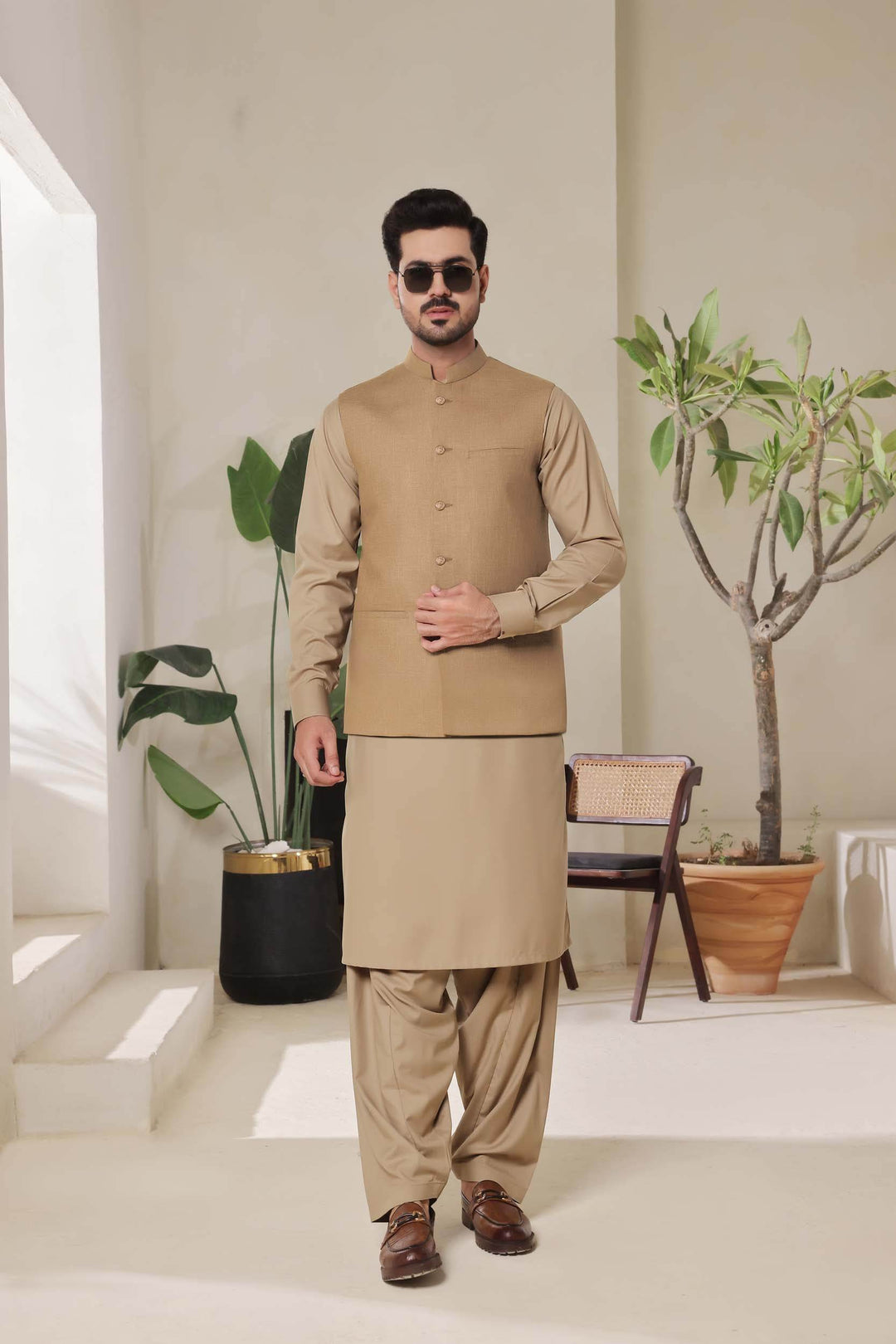 Fawn Self Waist-Coat - Al-Deebaj