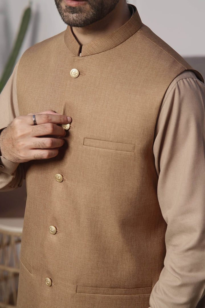 Fawn Self Waist-Coat - Al-Deebaj
