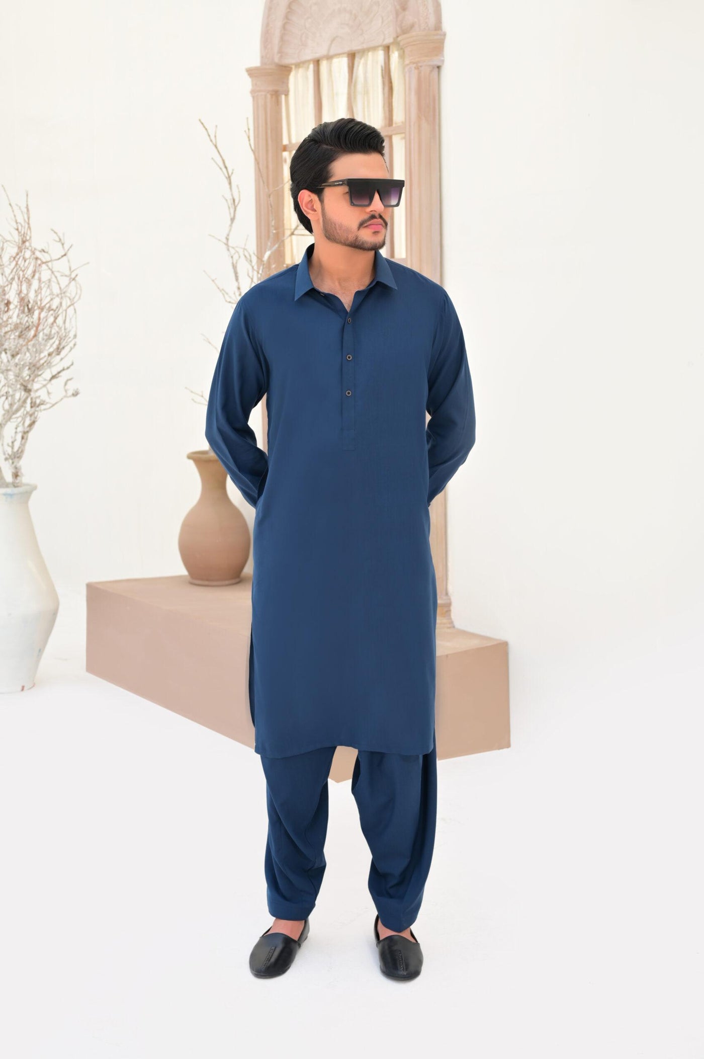 Navy Blue Plain Oxford Kameez Shalwar | ADKS-013 - Al-Deebaj