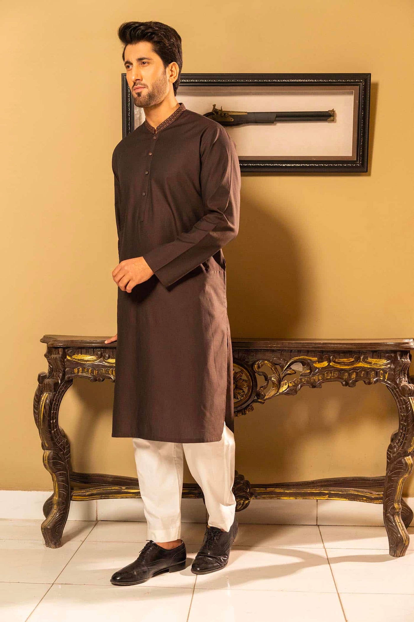 Brown Cotton Dobby Kurta | ADKR-013 - Al-Deebaj