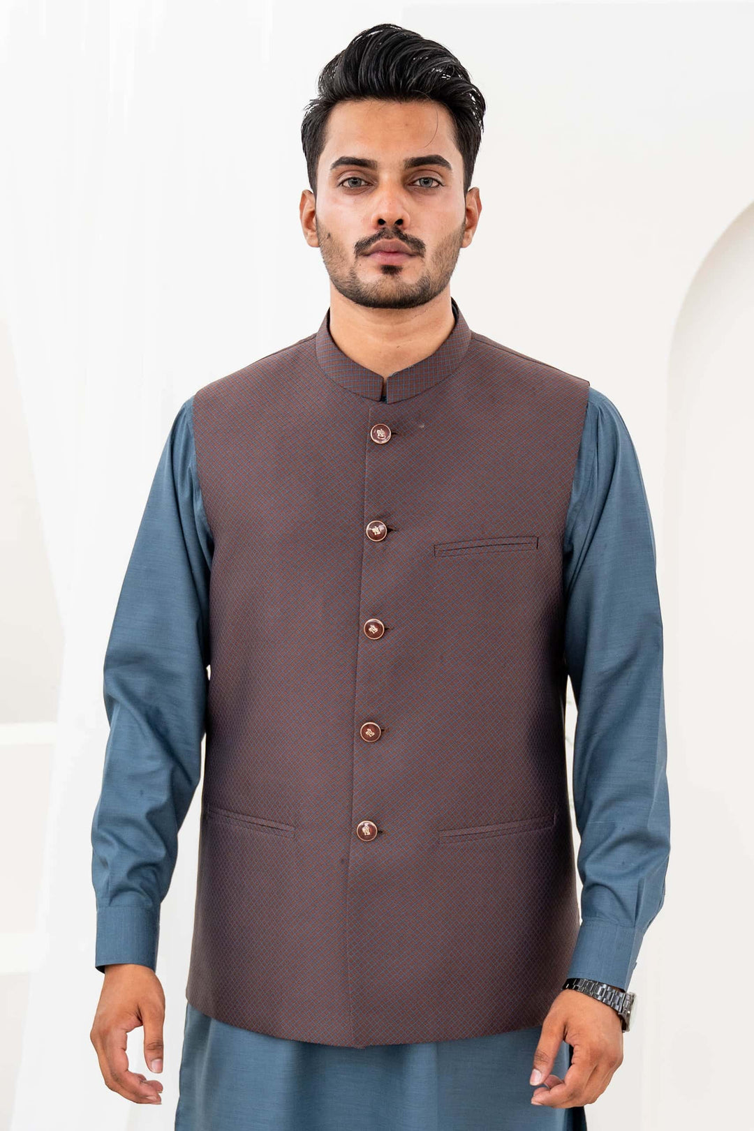 Brown Printed Waist-Coat - Al-Deebaj