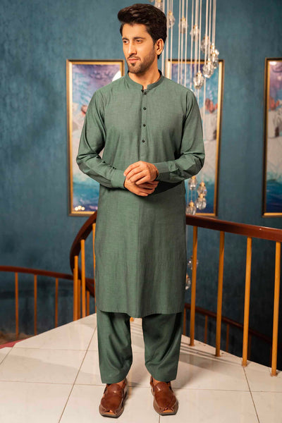 Green Cotton Dobby Kameez Shalwar | ADKS-066 - Al-Deebaj