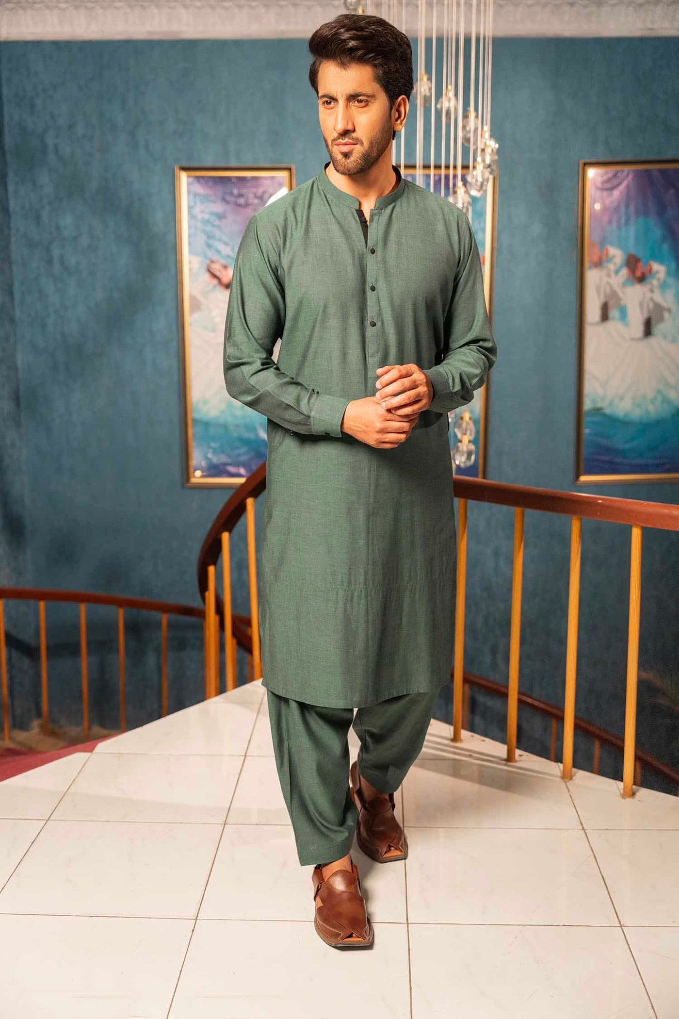 Green Cotton Dobby Kameez Shalwar | ADKS-066 - Al-Deebaj