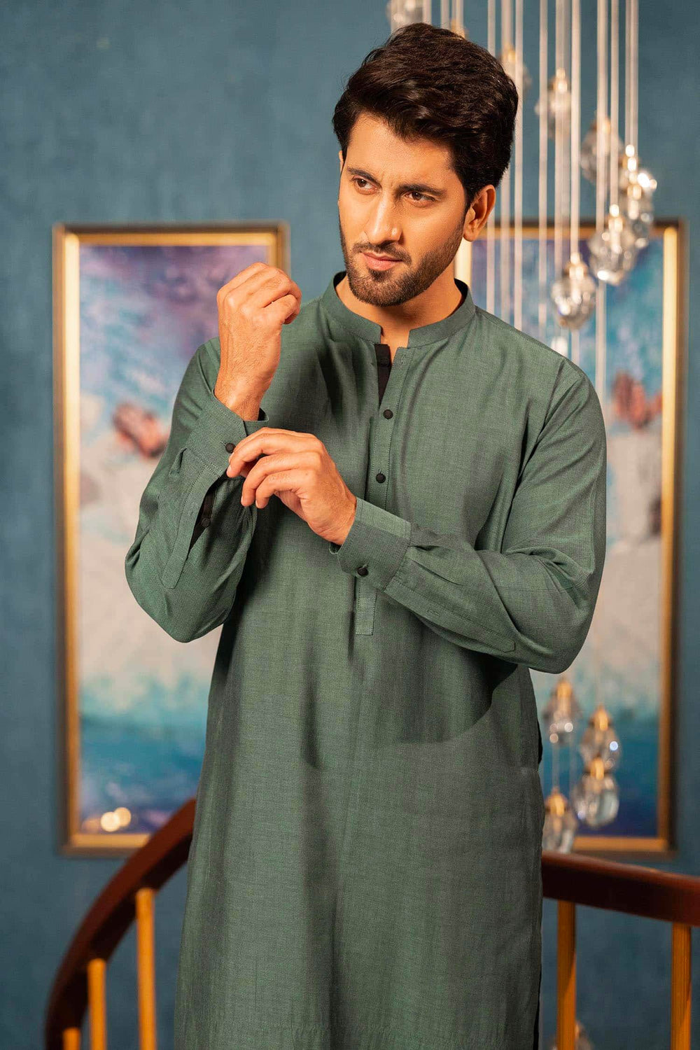 Green Cotton Dobby Kameez Shalwar | ADKS-066 - Al-Deebaj