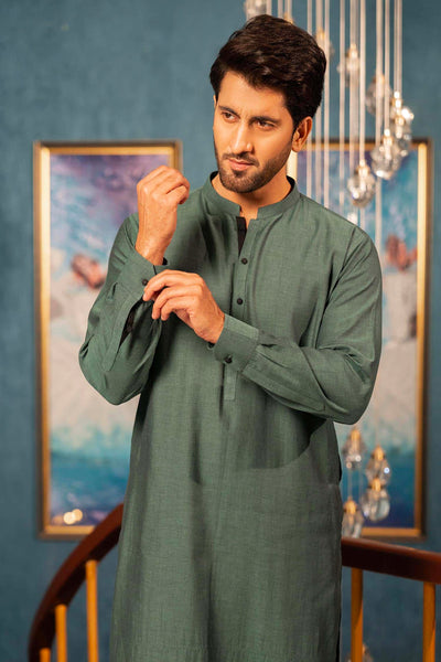 Green Cotton Dobby Kameez Shalwar | ADKS-066 - Al-Deebaj