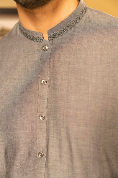 Grey Cotton Dobby Kameez Shalwar | ADKS-067 - Al-Deebaj