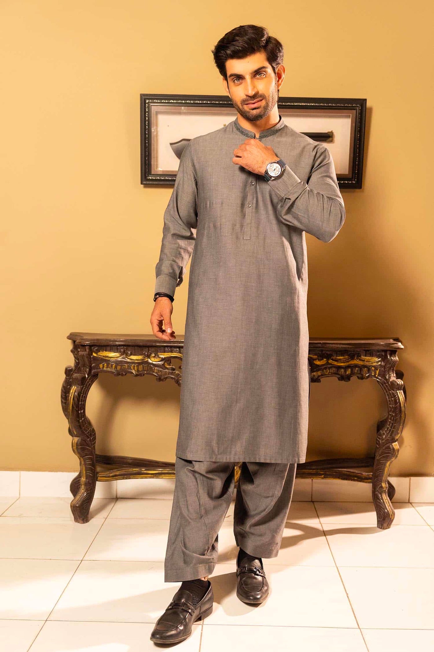 Grey Cotton Dobby Kameez Shalwar | ADKS-067 - Al-Deebaj