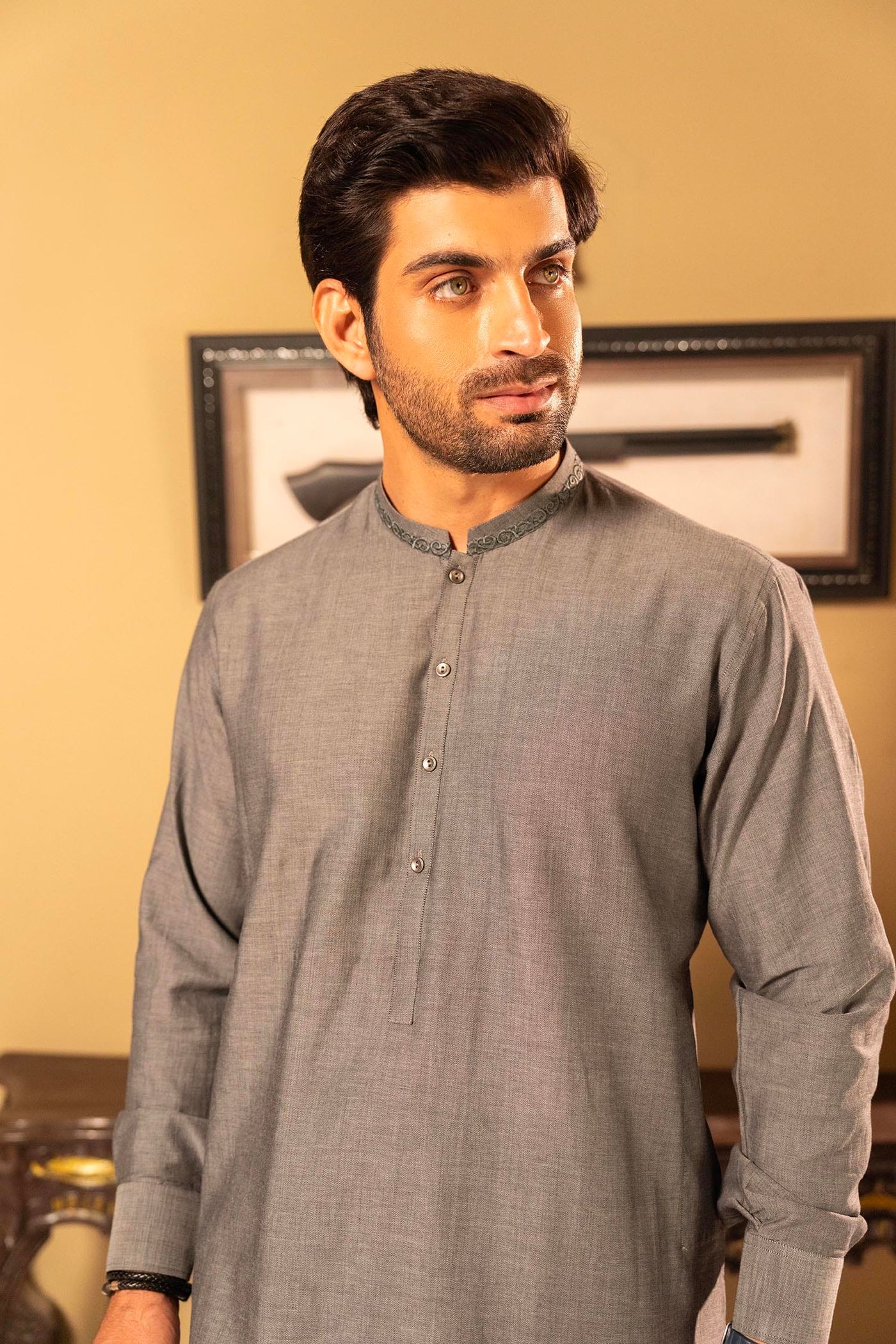 Grey Cotton Dobby Kameez Shalwar | ADKS-067 - Al-Deebaj