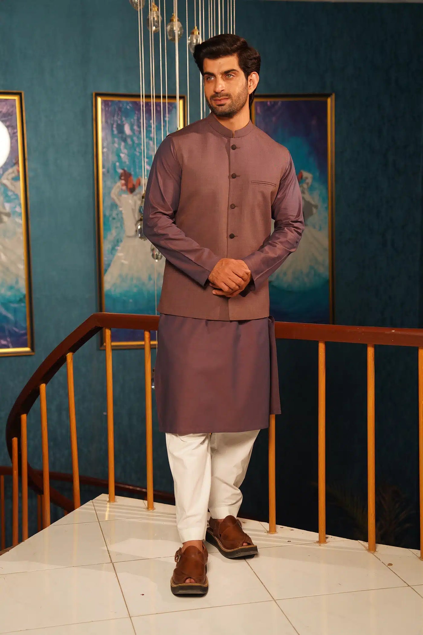 Mid Purple Textured Waist-Coat - Al-Deebaj