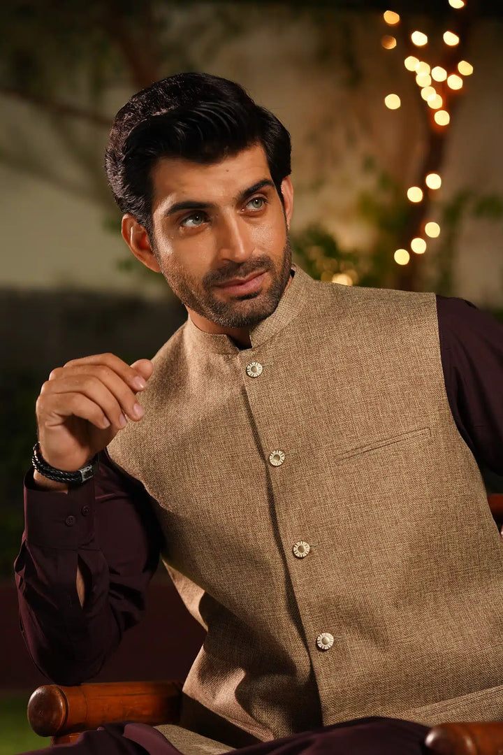 Fawn Jute Waist-Coat - Al-Deebaj