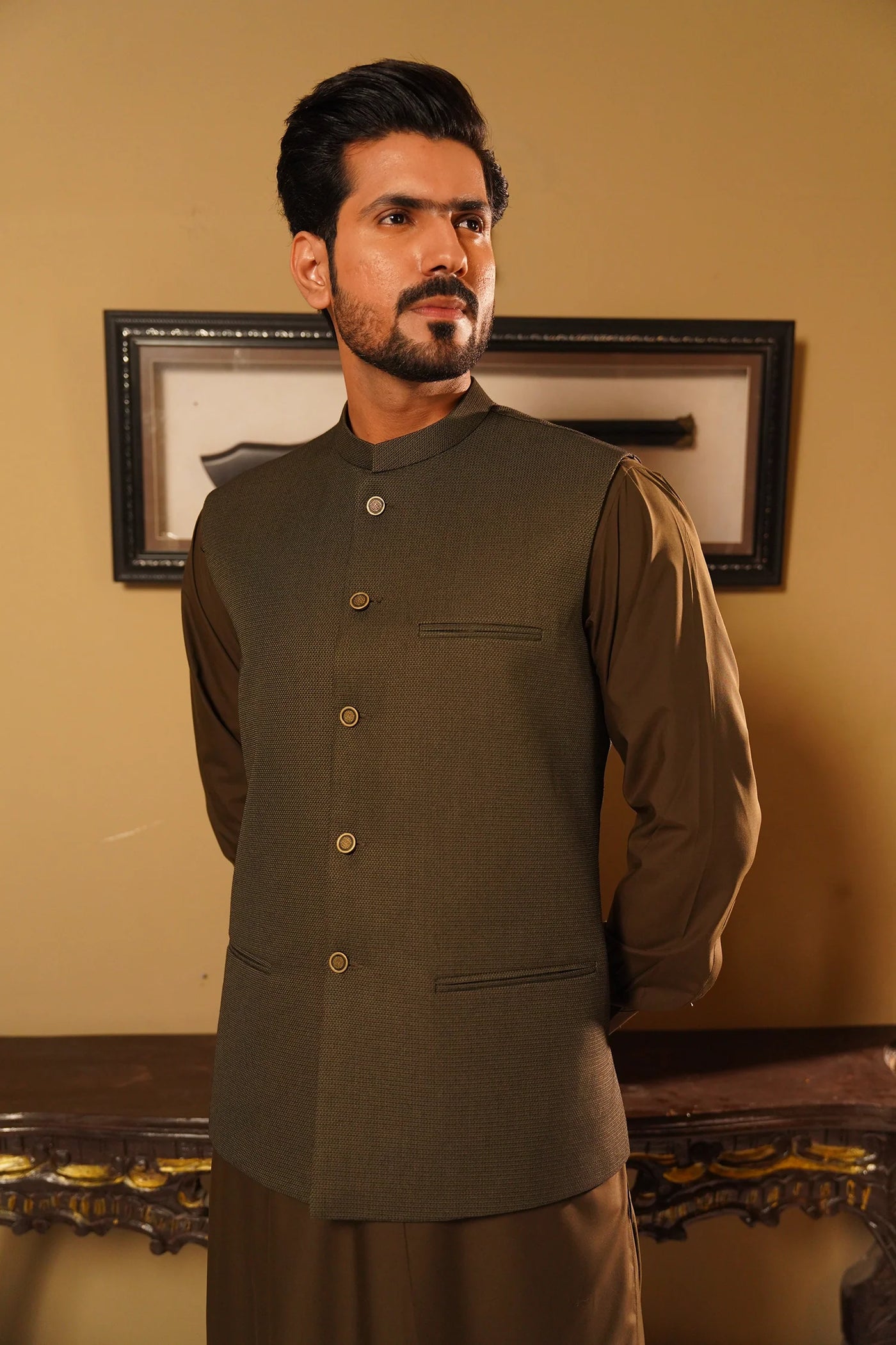 Green Dobby Waist-Coat - Al-Deebaj