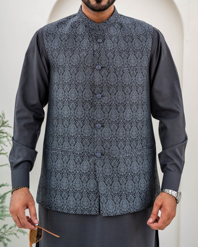 Grey Jamawar Waist-Coat - Al-Deebaj