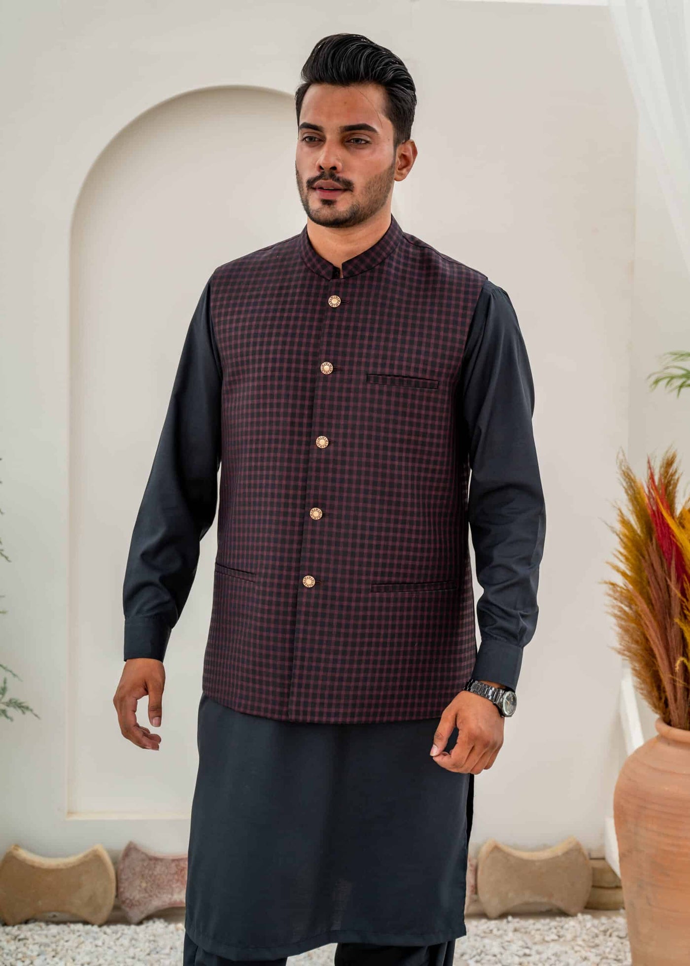 Maroon Suiting Waist-Coat - Al-Deebaj