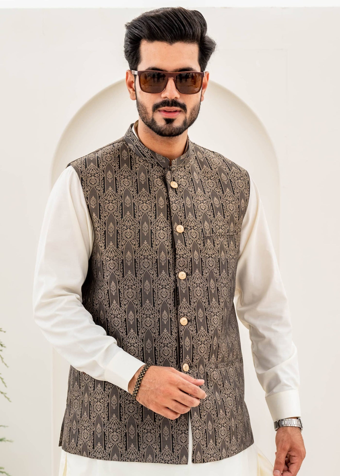 Black & Beige Waist-Coat - Al-Deebaj