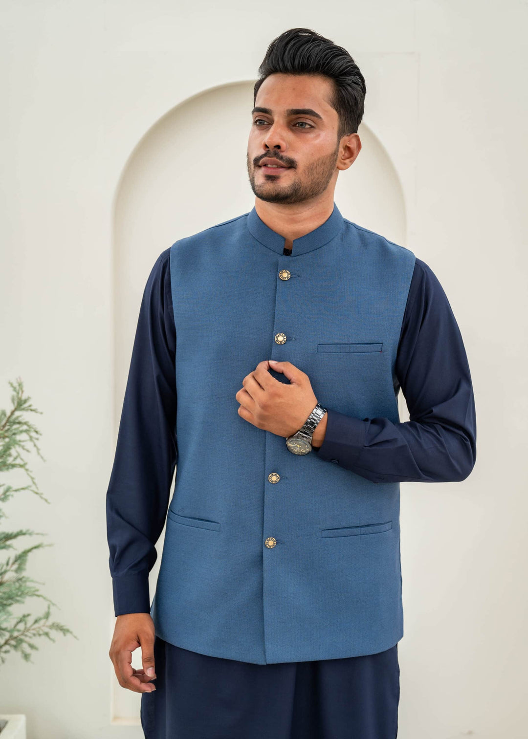 Blue Jacquard Waist-Coat - Al-Deebaj
