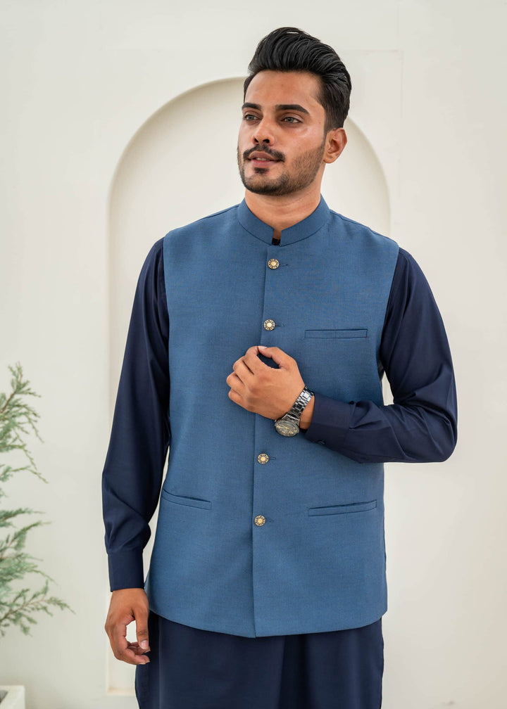 Blue Jacquard Waist-Coat - Al-Deebaj