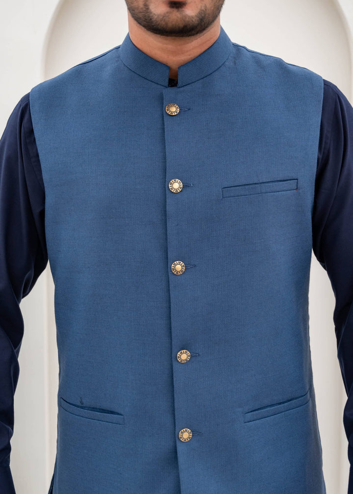 Blue Jacquard Waist-Coat - Al-Deebaj